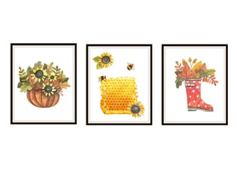 Set of 3 Sweet Honey Watercolor Art Prints, Bees Honey and Flowers Wall Art,  Instant Digital Download Printable 8 x 10" Jpg and PDF
