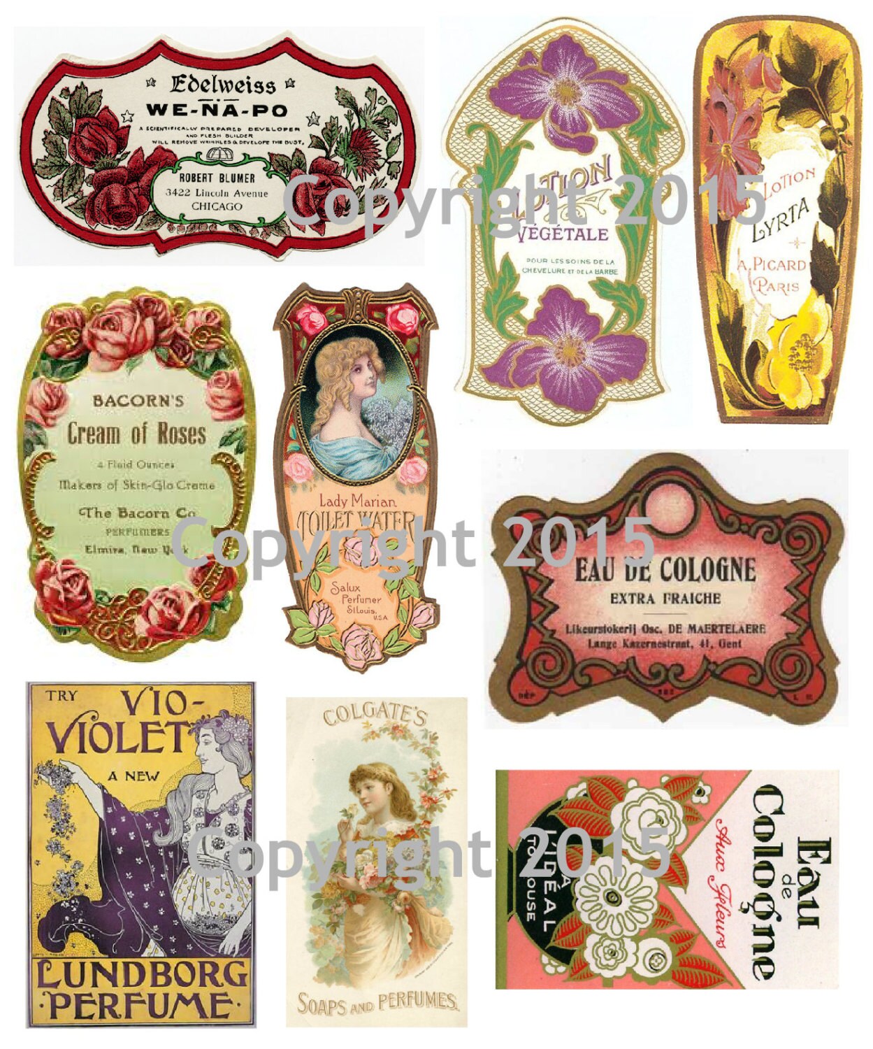Printable Victorian Vintage Perfume Labels Collage Sheet 101.  Instant Digital Download, Flowers, Scrapbook Embellishments