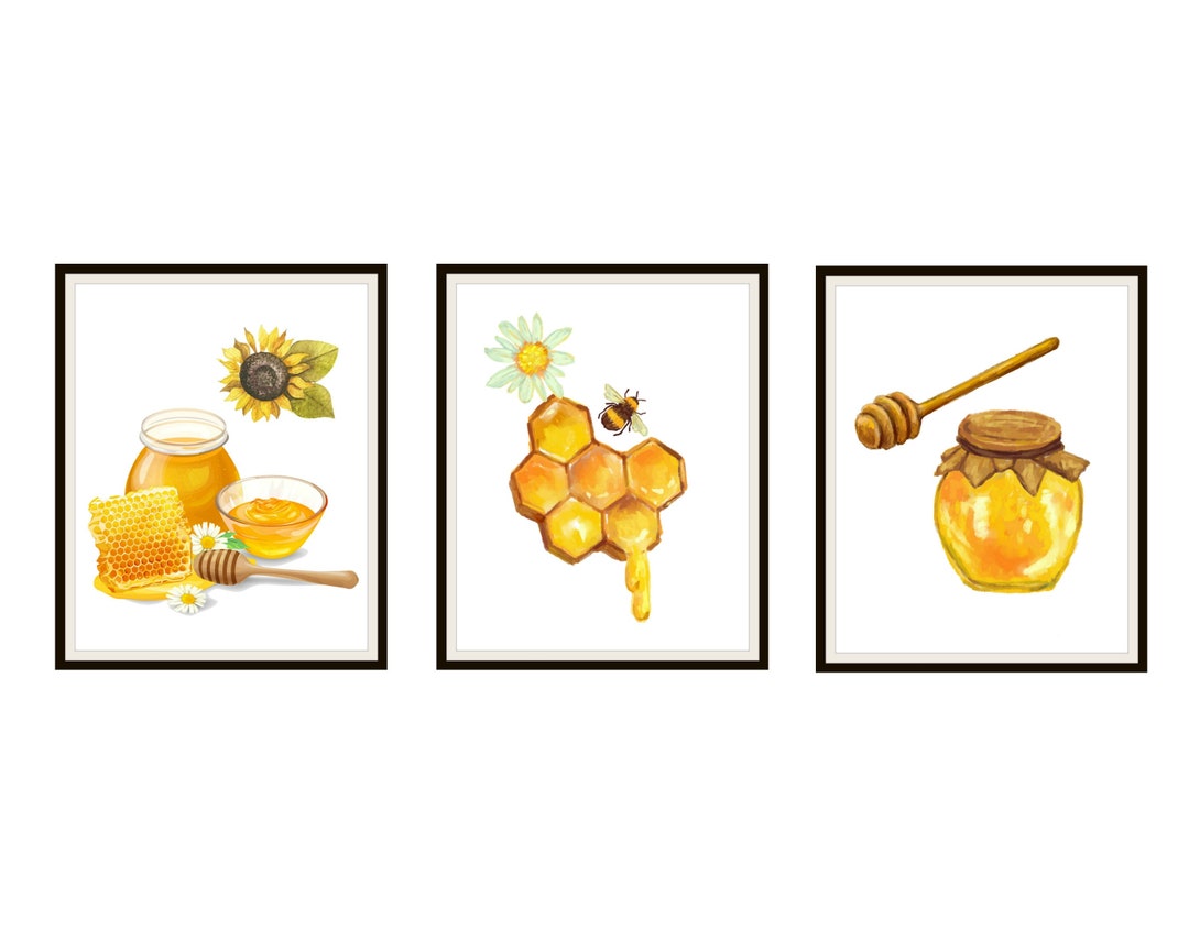 Set of 3 Sweet Honey Watercolor Art Prints, Bees Honey and Flowers Wall ...