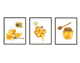 Set von 3 süßen Honig-Aquarell-Kunst-Drucke, Download Bienen Honig und Blumen Wandkunst, sofortige Digital bedruckbare 8 x 10" Jpg und PDF
