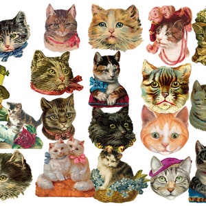 May include: A collection of vintage illustrations of cats with various expressions and poses. The cats are depicted in a variety of colors and patterns, including black, white, brown, and gray. Some of the cats are wearing hats or other accessories.