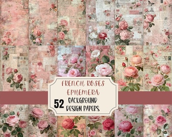 French Pink Ephemera Papers Bundle – 52 Shabby Chic  Backgrounds for Junk Journals, Scrapbooking & Card Making – Printable Digital Download