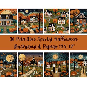 May include: Twenty primitive spooky Halloween background papers, each measuring 12 inches by 12 inches. The papers feature a variety of scenes, including houses, pumpkins, trees, and a full moon. The papers are perfect for scrapbooking, card making, and other craft projects.