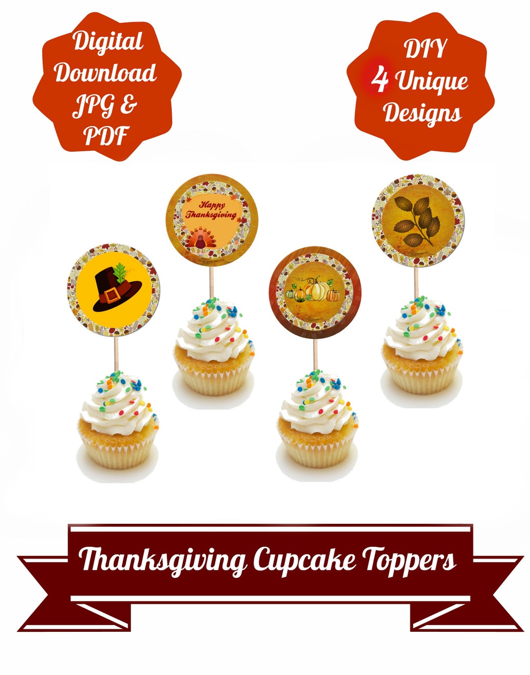 Printable Thanksgiving Cupcake Toppers DIY Instant Digital - Etsy