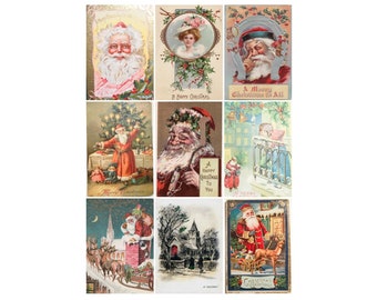 May include: A collection of vintage Christmas postcards featuring Santa Claus, a Christmas tree, and other holiday imagery. The postcards are in various colors and styles, and some have text that says "Merry Christmas" or "A Merry Christmas to All".