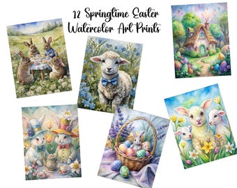 Set of 12 Watercolor Spring & Easter Art Prints Bundle Set 3 – Printable Seasonal Wall Decor | Digital Download I Commercial Use