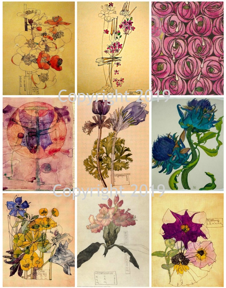 Printable Charles Rennie Mackintosh Flowers Vintage Collage Sheet Instant Digital Download, Flowers, Scrapbook Embellishments JPG and PDF image 1