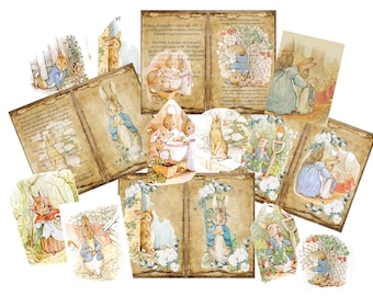 Peter Rabbit Kindergarten Junk Journal Kit mit faltbaren Seiten und zusätzlichen Verzierungen 8,5 x 11" PDF und JPGs digitaler Download