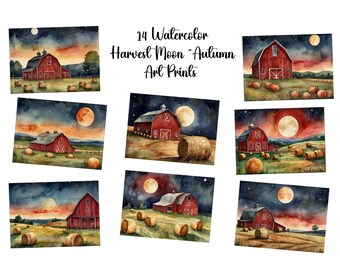 Set of 14 Colonial Americana Folk Art Autumn Prints "Harvest Moon"  Harvest Decor – Instant Download,    Autumn Wall Decor, Commercial Use