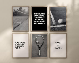 May include: A set of six framed black and white tennis-themed prints. The images include a tennis net, a tennis ball on the court, a tennis racket with a ball, and motivational quotes about the sport.