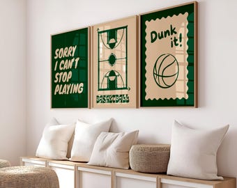 Basketball print set of 3 (digital download) green and cream