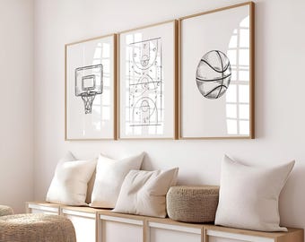 Basketball Art Print Set, Hoop, Court, Ball, set of 3 (Digital Download)