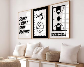 Set of 3 basketball print, black and white poster (digital download)