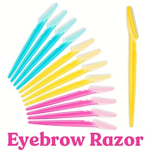 May include: An assortment of eyebrow razors in shades of blue, yellow, and pink, with one yellow razor isolated. The pink text below reads "Eyebrow Razor". These razors are designed for precise eyebrow grooming.