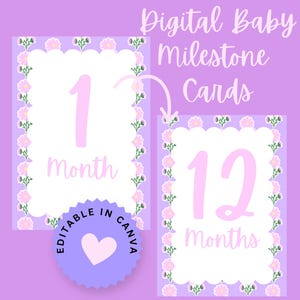 Cartes d'étape florales rose layette, étape importante du mois pour fille, cadeau de baby shower, souvenirs de bébé, téléchargement immédiat, modèle modifiable