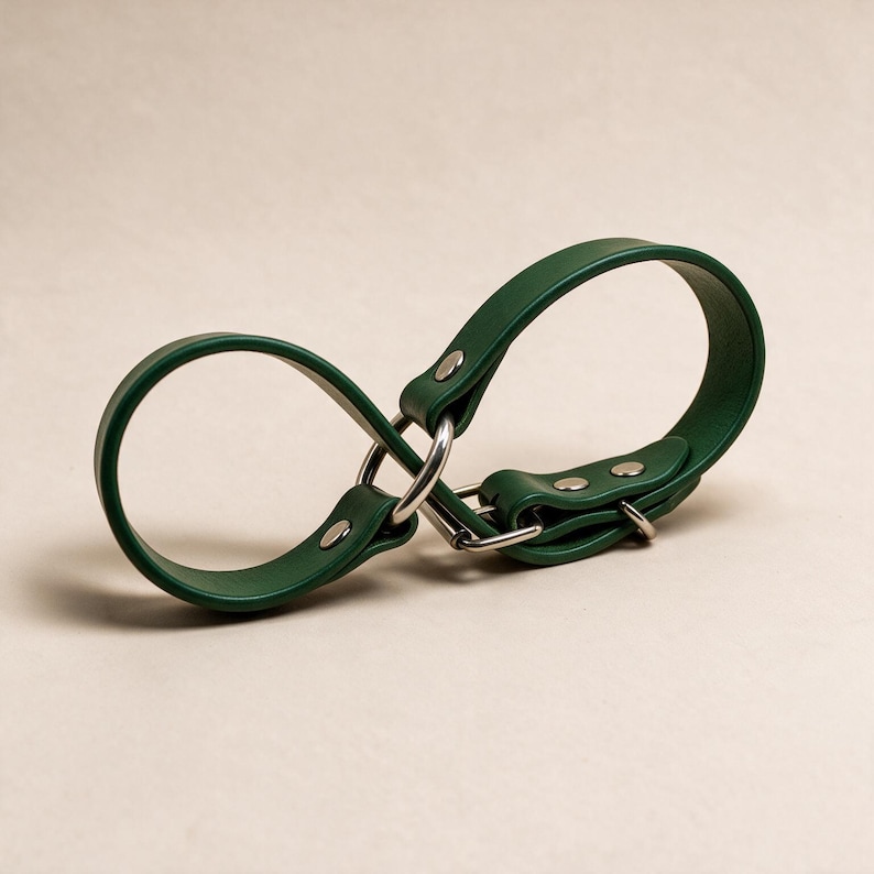 A green leather strap with metal buckles and clips is shown against a light background.