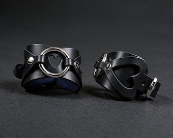 Heart Cuffs, Ring-Accent Wrist Restraints | Genuine Leather | Adjustable Fit, Detachable Connector, Silver Hardware