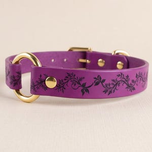 Leaf Pattern Choker With Gold O-Ring, Purple Premium Italian Leather, Discreet Daywear Alternative Style