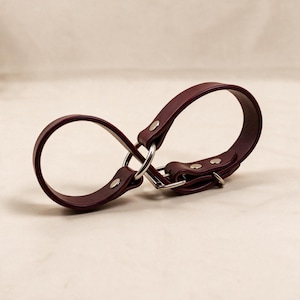 A burgundy leather strap with metal buckles and clips is shown in the image.