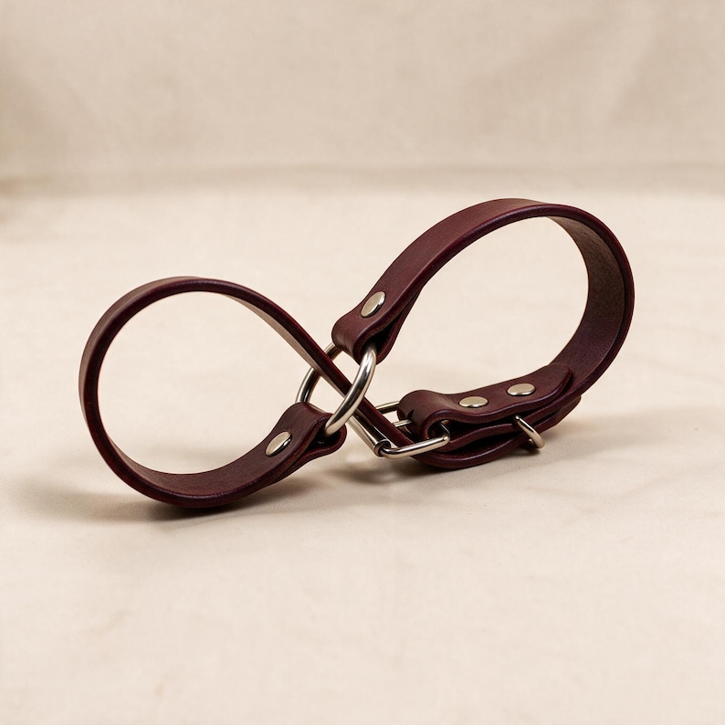 A burgundy leather strap with metal buckles and clips is shown in the image.