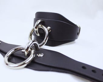 Wrist Restraints | Black Leather Wide Cuffs - Metal Rings - Long Straps