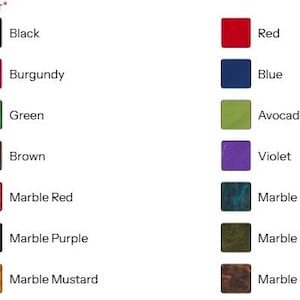 a collection of color swatches, each representing a different color, arranged in two columns. The swatches are labeled with the color name, such as "Color", "Black", "Brown", "Marble Red", "Marble Purple", "Marble Mustard", "Marble Aqua", "Marble Olive", and "Marble Brown".