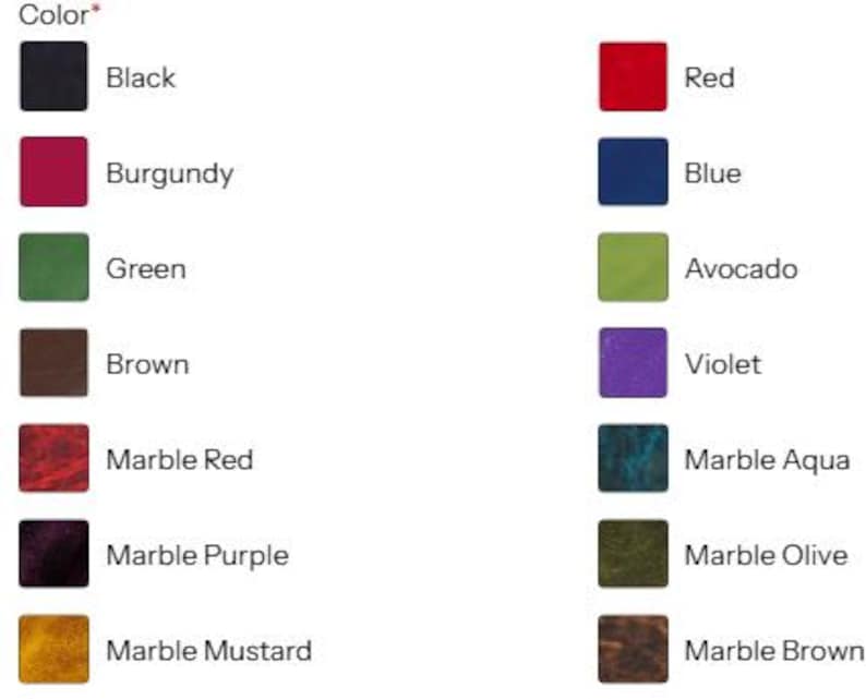 a collection of color swatches, each representing a different color, arranged in two columns. The swatches are labeled with the color name, such as "Color", "Black", "Brown", "Marble Red", "Marble Purple", "Marble Mustard", "Marble Aqua", "Marble Olive", and "Marble Brown".