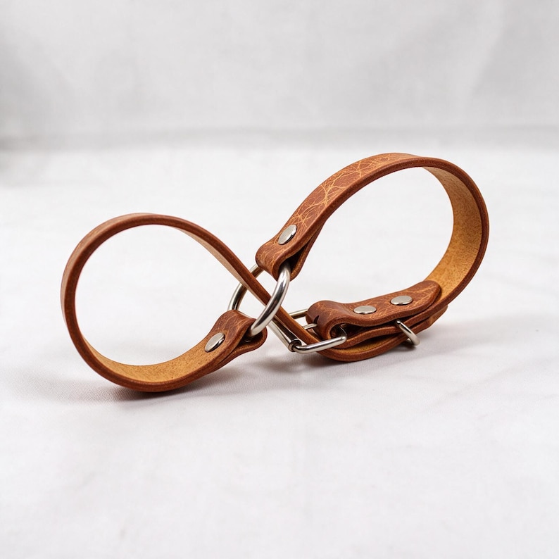 A brown leather strap with metal buckles and loops is shown against a white background.