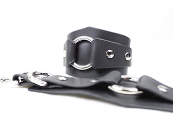 Black Leather Cuffs Wide Wrist Restraints - Metal Ring Detail | Submissive Accessory