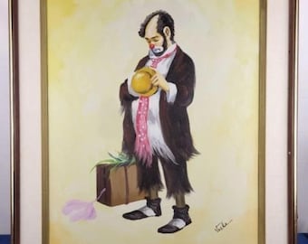 May include: A painting of a sad clown holding a hat and a suitcase. The clown is wearing a brown coat, a pink and white polka dot tie, and black shoes. The background is a light yellow.