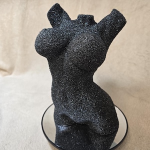 May include: A black, textured torso sculpture with a glittery finish. The sculpture is mounted on a small, round, mirrored base. The artwork depicts the upper body of a person.