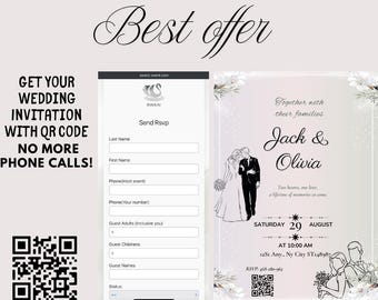 May include: A wedding invitation with a QR code for RSVP. The invitation features a white background with black text and a floral design. The text reads "Together with their families Jack & Olivia Two hearts, one love, a lifetime of memories to come. Saturday 29 August AT 10:00 AM 123 St Any., Ny City ST148987 RSVP: 468-250-963"