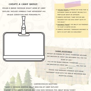 Op de afbeelding: Een werkblad met de titel "Maak een kampbadge" en instructies om een badge te ontwerpen voor een personage genaamd Emerson. Het werkblad bevat definities voor de woorden "outlier" en "drijfvermogen". Het werkblad bevat ook een thema voor het kamp, "Acceptatie", en een citaat uit Romeinen 15:7. Het werkblad eindigt met begripvragen over het personage Emerson.