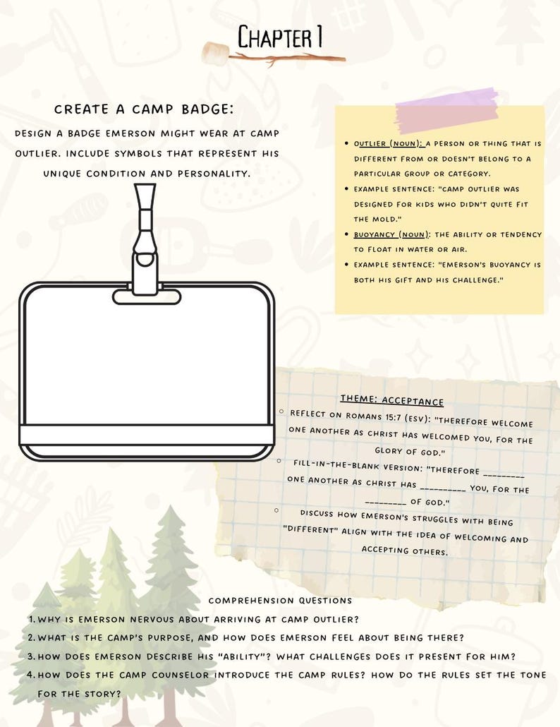 Op de afbeelding: Een werkblad met de titel "Maak een kampbadge" en instructies om een badge te ontwerpen voor een personage genaamd Emerson. Het werkblad bevat definities voor de woorden "outlier" en "drijfvermogen". Het werkblad bevat ook een thema voor het kamp, "Acceptatie", en een citaat uit Romeinen 15:7. Het werkblad eindigt met begripvragen over het personage Emerson.