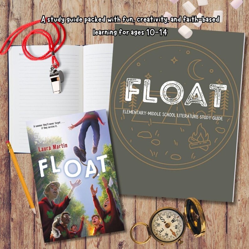Op de afbeelding: Een studiegids voor het boek "Float" van Laura Martin. De gids is voor leerlingen van de basisschool en middelbare school en bevat een kampvuur, sterren en een halve maan op een donkergrijze achtergrond. De tekst "FLOAT" staat in een groot, gestileerd lettertype.