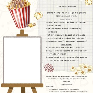 Op de afbeelding: Een printbaar werkblad met instructies voor een teambuildingactiviteit genaamd "Team Spirit Popcorn". De activiteit omvat het maken van een snack om teamwork en teamspirit te symboliseren door popcorn, gesmolten boter, chocolade en sprinkles te gebruiken. Het werkblad bevat ook instructies voor een visueel kunstbordproject om de persoonlijkheid, vaardigheden en groei van een camper te benadrukken.