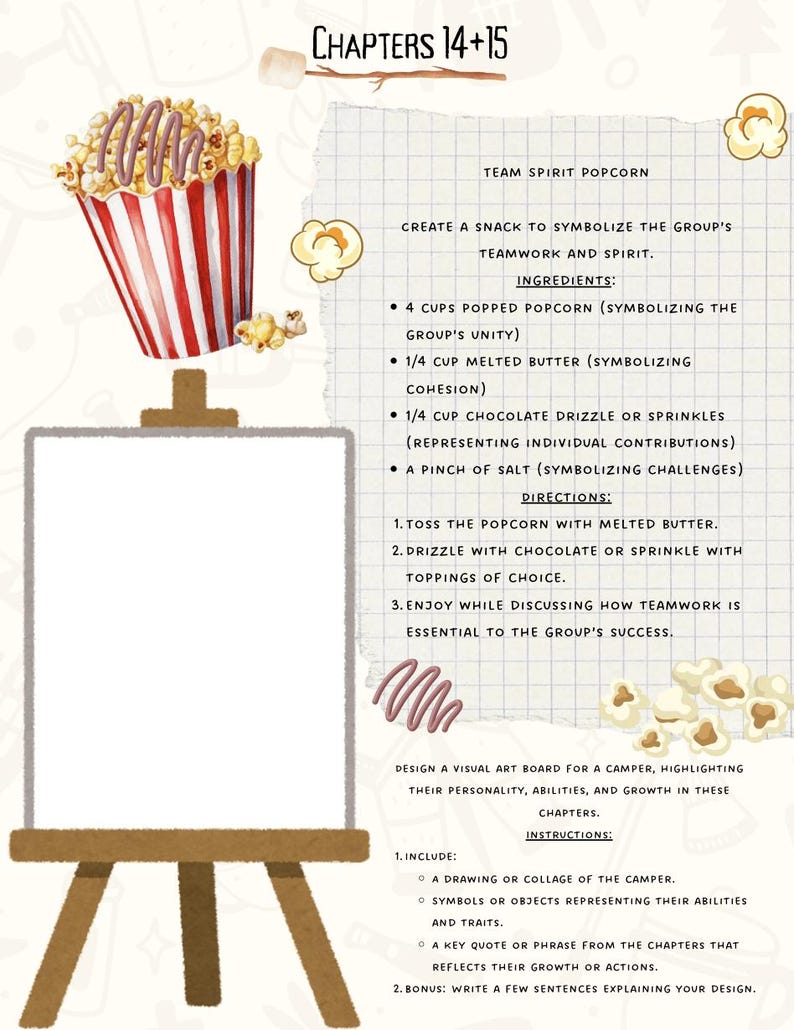 Op de afbeelding: Een printbaar werkblad met instructies voor een teambuildingactiviteit genaamd "Team Spirit Popcorn". De activiteit omvat het maken van een snack om teamwork en teamspirit te symboliseren door popcorn, gesmolten boter, chocolade en sprinkles te gebruiken. Het werkblad bevat ook instructies voor een visueel kunstbordproject om de persoonlijkheid, vaardigheden en groei van een camper te benadrukken.