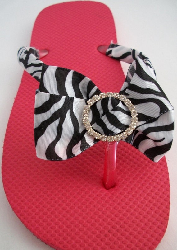 Items similar to Flip Flops In Pink - Zebra Wrapped sides and Bow with ...