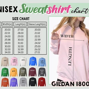Op de afbeelding: Een lichtroze Gildan 18000 unisex sweatshirt met een maattabel en kleurentabel. De maattabel toont afmetingen in inches voor breedte, lengte en mouwlengte. De kleurentabel toont verschillende sweatshirtkleuren.