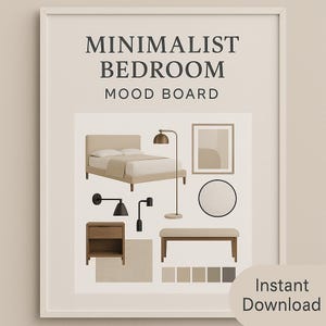 Tablero de ideas para un dormitorio minimalista / Plan de diseño de interiores neutro / Descarga digital con enlaces de compra / Dormitorio moderno y tranquilo
