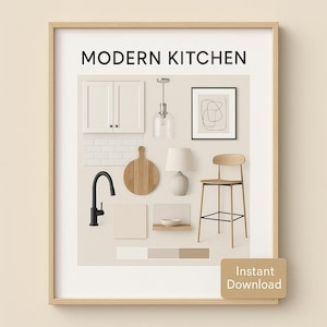 Tablero de ideas para cocinas modernas / Plan de diseño de interiores digital / Kit de diseño de cocinas neutras / Descarga instantánea para hogares del Reino Unido