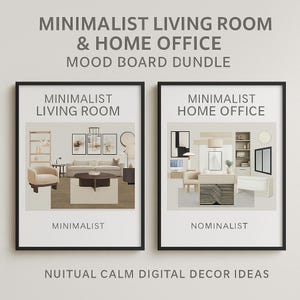 Panel de inspiración minimalista para sala de estar y oficina en casa / Descarga de diseño de interiores neutro / Ideas de decoración digital moderna y tranquila