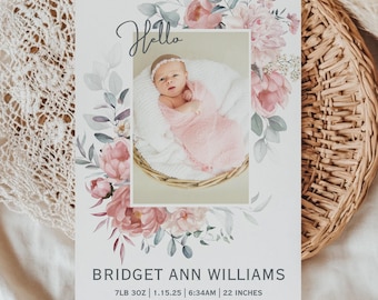 Rosa Blumen-Baby-Geburtsanzeige-Fotokarte (Canva Template)