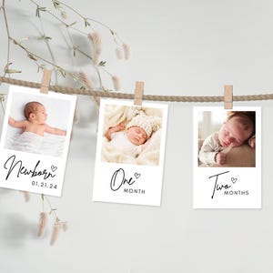 Banner de hitos mensuales del primer año, banner de primer cumpleaños imprimible, tablero de hitos del primer cumpleaños del bebé, tarjetas con fotos neutrales del primer cumpleaños