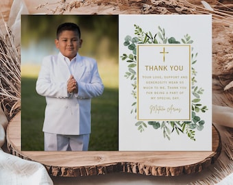 Greenery First Communion Thank You Card Template, First Holy Communion Thank You Card Printable, Boys Photo Thank You Note Instant Download