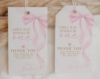 Różowa kokardka na prezent urodzinowy Różowa kokardka do wydrukowania Etykieta na pierwsze urodziny Etykieta z kokardką z podziękowaniami Etykieta na upominek na imprezę Girls Just wanna be One