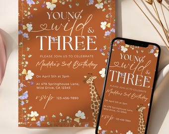 Young Wild and Three Party Invitation, Wild and 3 Birthday Invitation, Safari 3rd Birthday theme, Wildflower third Birthday Invite Template