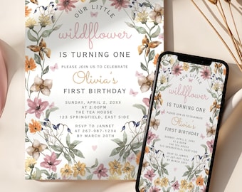 ANY AGE Wildflower Birthday Invitation Garden Party Invite Girl 1st Birthday Pink Wild Flower Floral Spring Flowers Butterfly boho EDITABLE