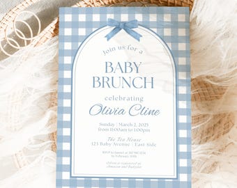 Invito per baby shower a quadretti blu, invito per brunch per baby shower a quadri blu, invito stampabile con nastro blu, invito digitale per baby shower con fiocco blu