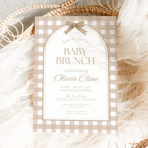 Beige Gingham Baby Shower Invitation Template, Bow Baby Shower Invitation, Gender Neutral Baby Shower Invite, Tan Gingham Baby Shower